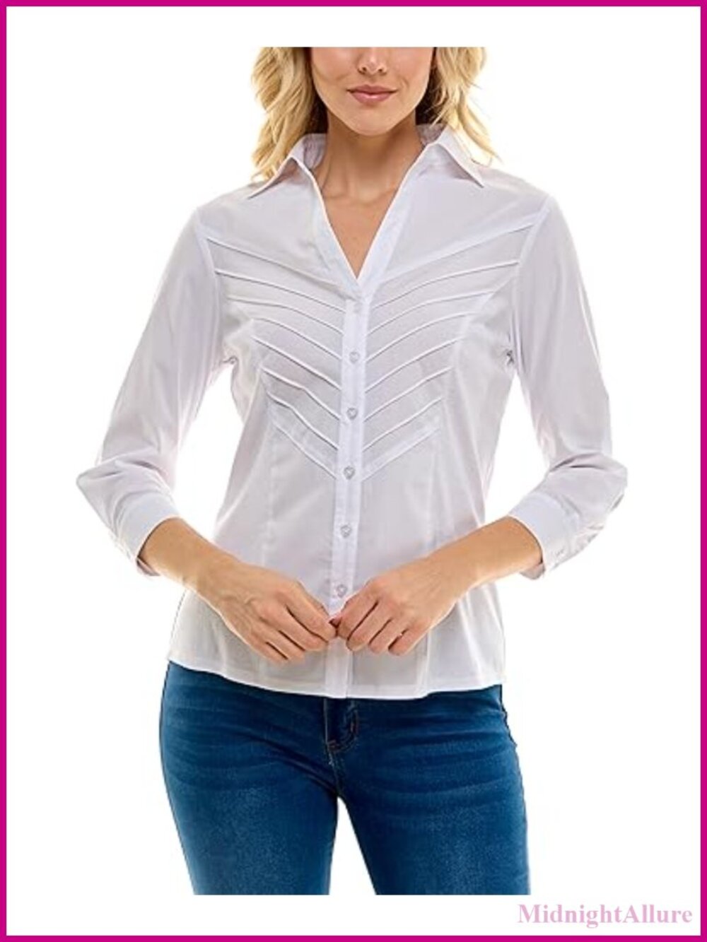V-Neck Poplin Blouse with Rib Knit & 3/4 Sleeve, Pintuck Detail, Button Closure